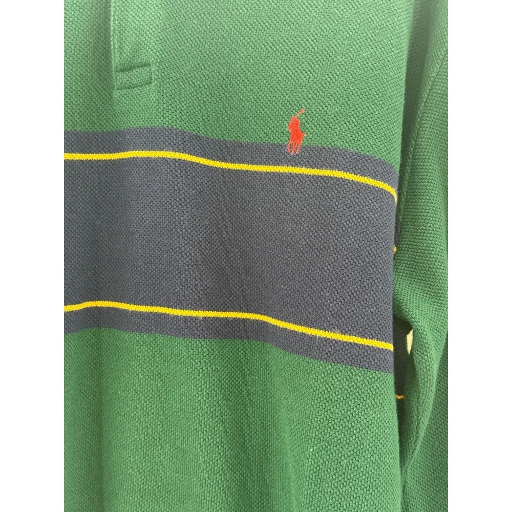 VINTAGE‎ Polo Ralph Lauren Long Sleeve Polo Shirt Green Navy Yellow Stripe XL